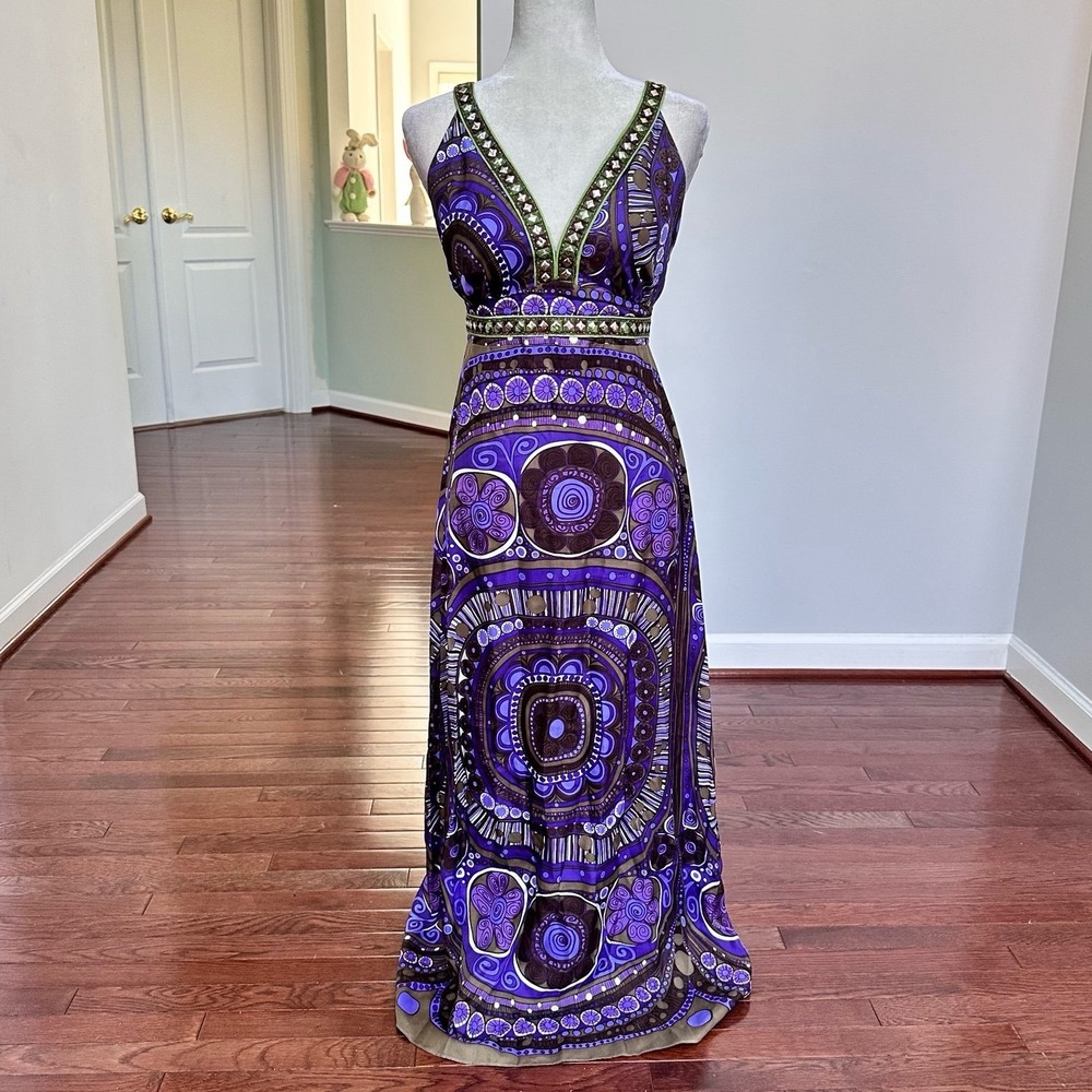 ITW It's The Weekend 100% Silk Purple Green Embroidered Embellished Sun Dress